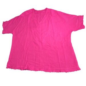 Hot Pink 100% Cotton Gauze V-Neck Frayed Hem Tunic Top Boho Short Sleeve Large